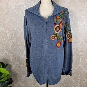 Victoria Jones Woman Size 1X Blue Knit Zip Front Cardigan Floral Embroidery EUC